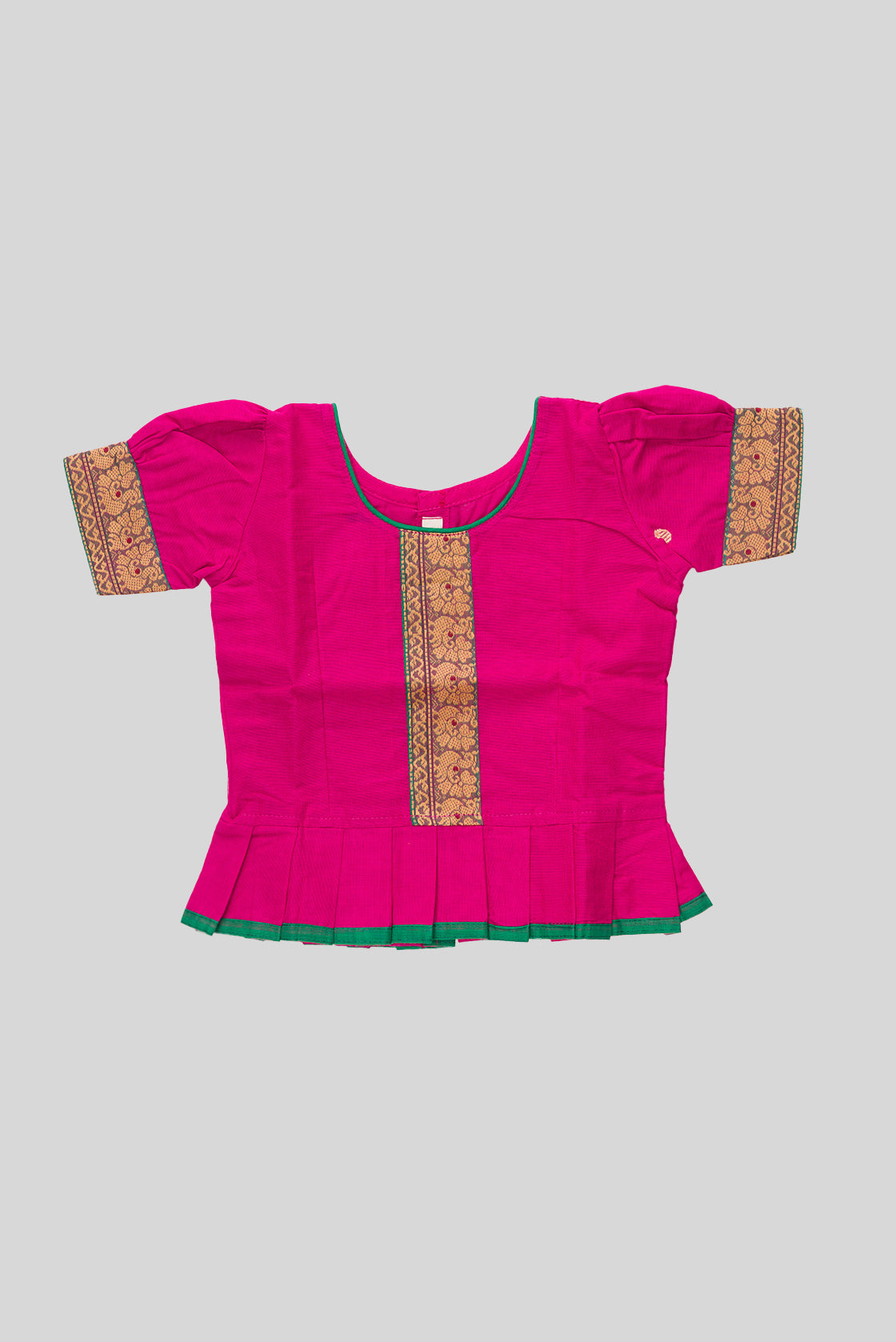 Close up blouse image of Green Readymade Cotton Pavadai Set with Zari Butta on the body and Thread Border