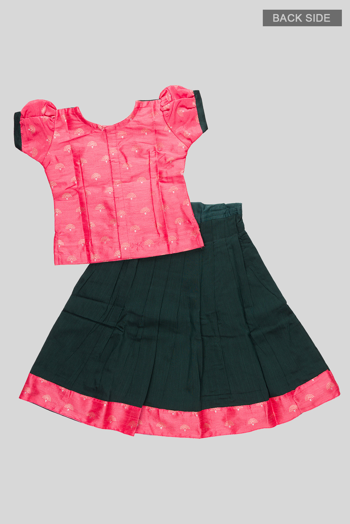 Flat lay back image of Green Readymade Cotton Pavadai Set with Zari Butta on the body and Fancy Border