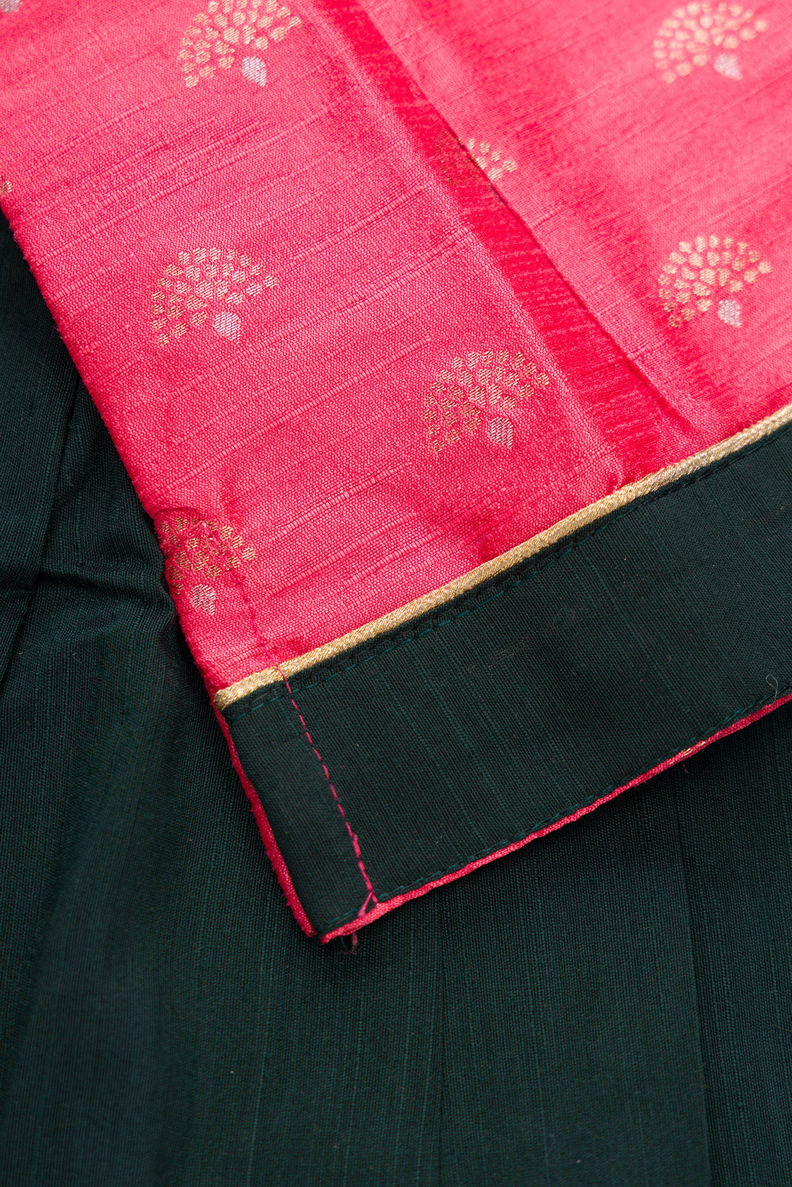 Detailed shot of Green Readymade Cotton Pavadai Set with Zari Butta on the body and Fancy Border