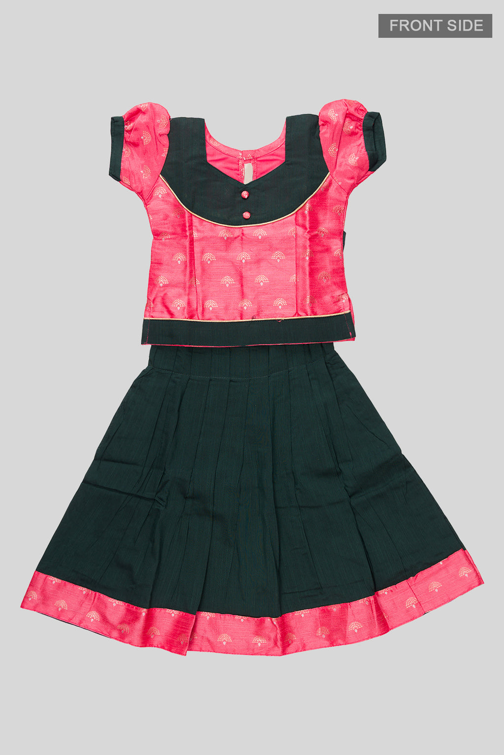 Flat lay front image of Green Readymade Cotton Pavadai Set with Zari Butta on the body and Fancy Border