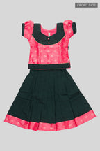 Flat lay front image of Green Readymade Cotton Pavadai Set with Zari Butta on the body and Fancy Border