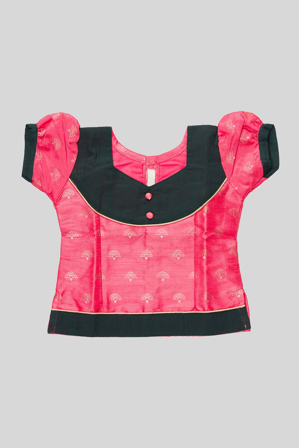 Close up blouse image of Green Readymade Cotton Pavadai Set with Zari Butta on the body and Fancy Border
