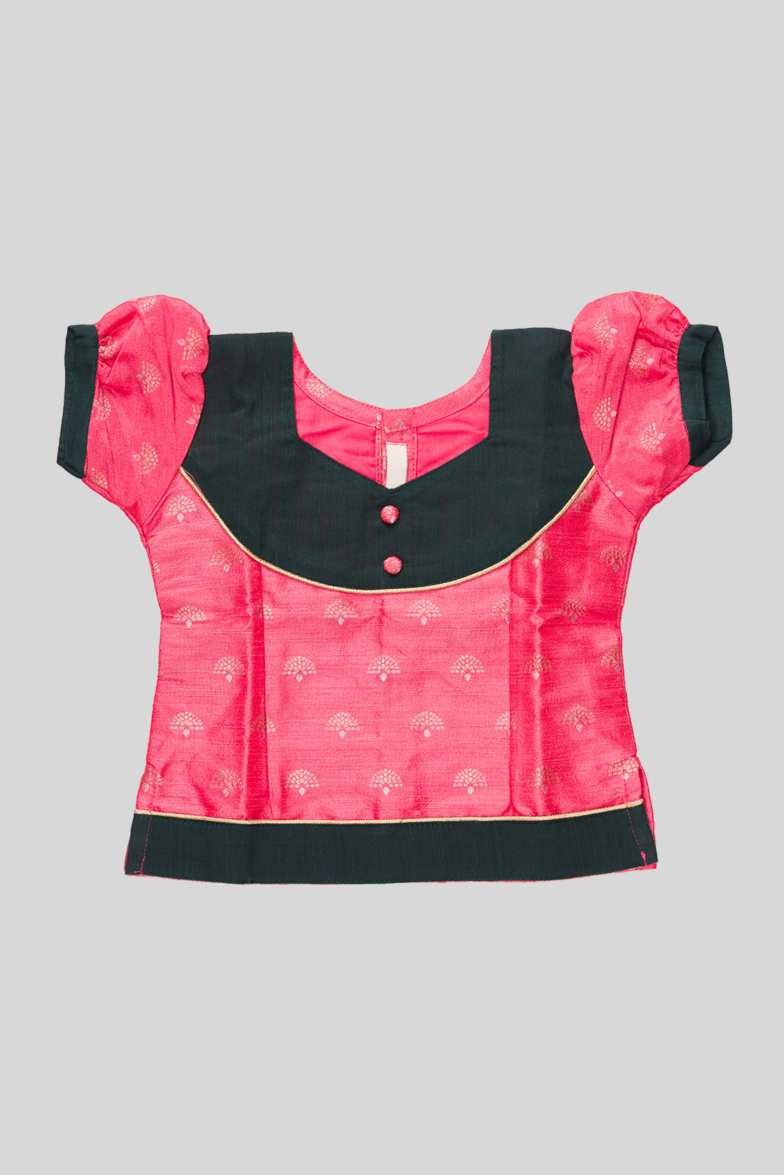 Close up blouse image of Green Readymade Cotton Pavadai Set with Zari Butta on the body and Fancy Border