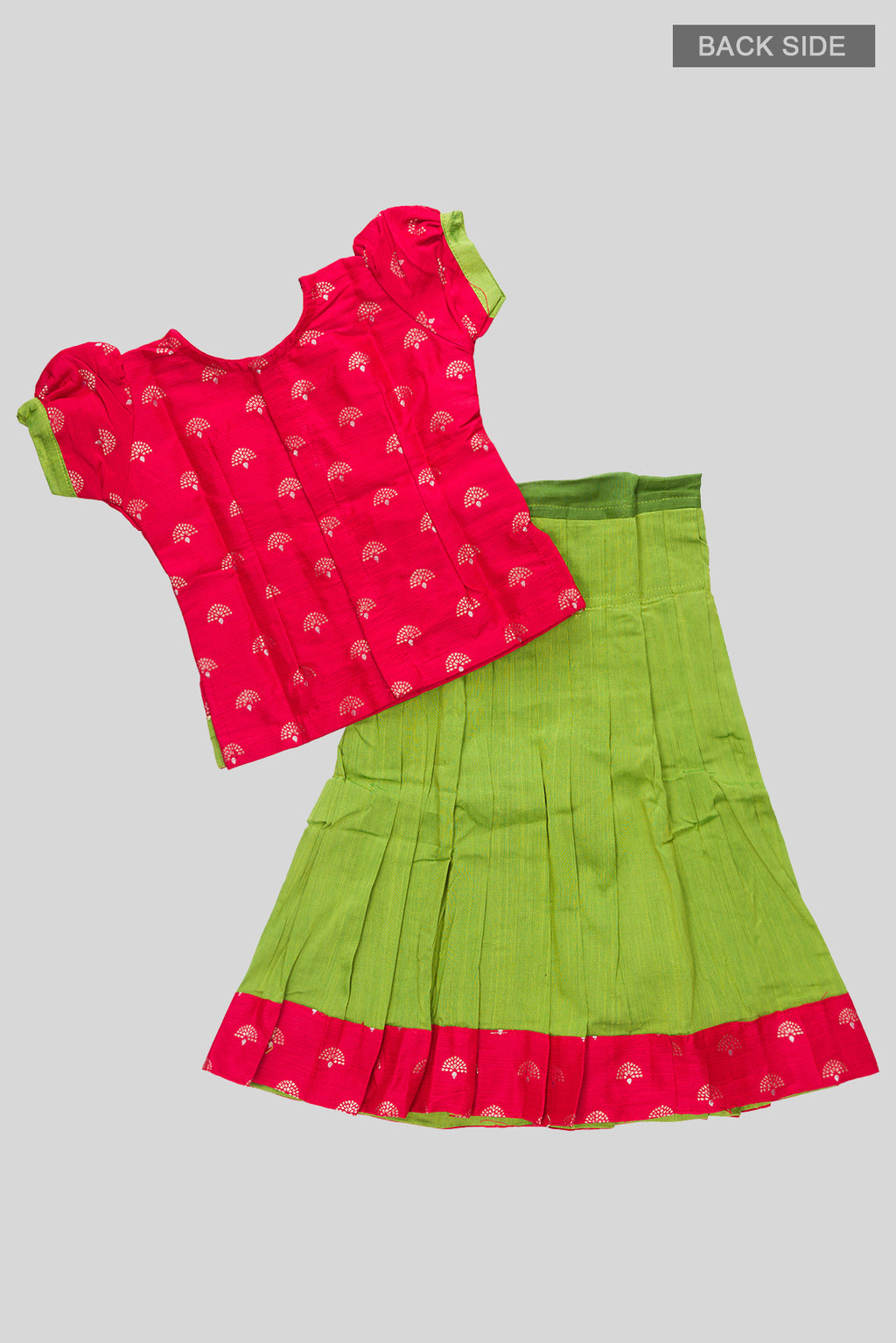 Flat lay back image of Green Readymade Cotton Pavadai Set with Zari Butta on the body and Fancy Border