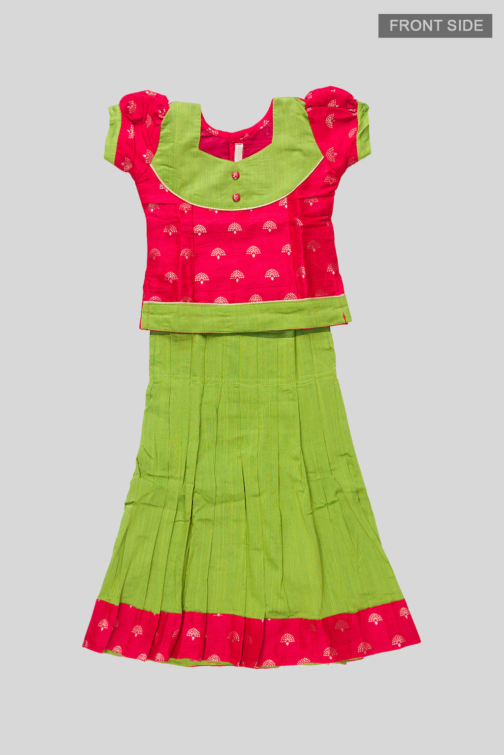 Flat lay front image of Green Readymade Cotton Pavadai Set with Zari Butta on the body and Fancy Border