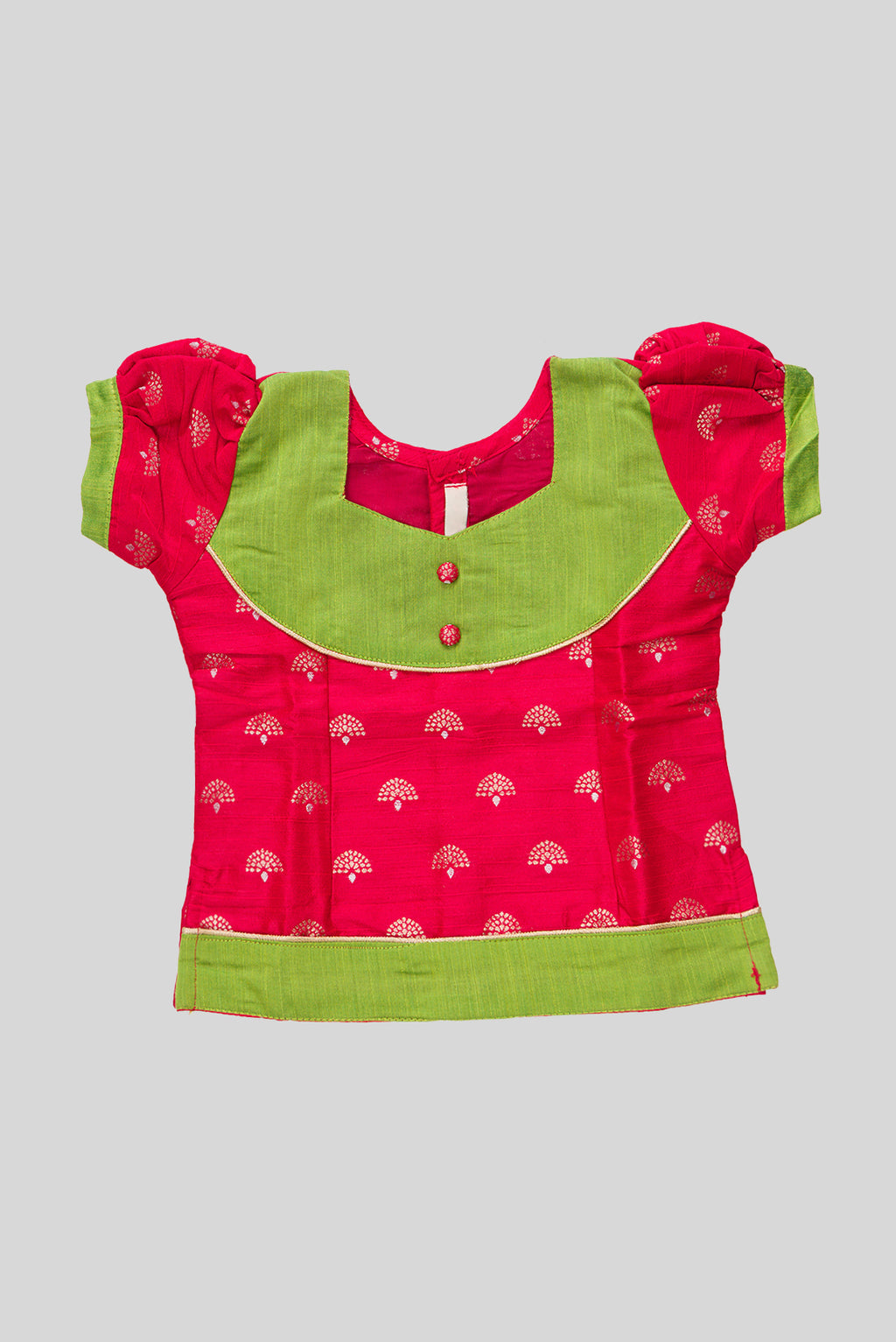 Close up blouse image of Green Readymade Cotton Pavadai Set with Zari Butta on the body and Fancy Border