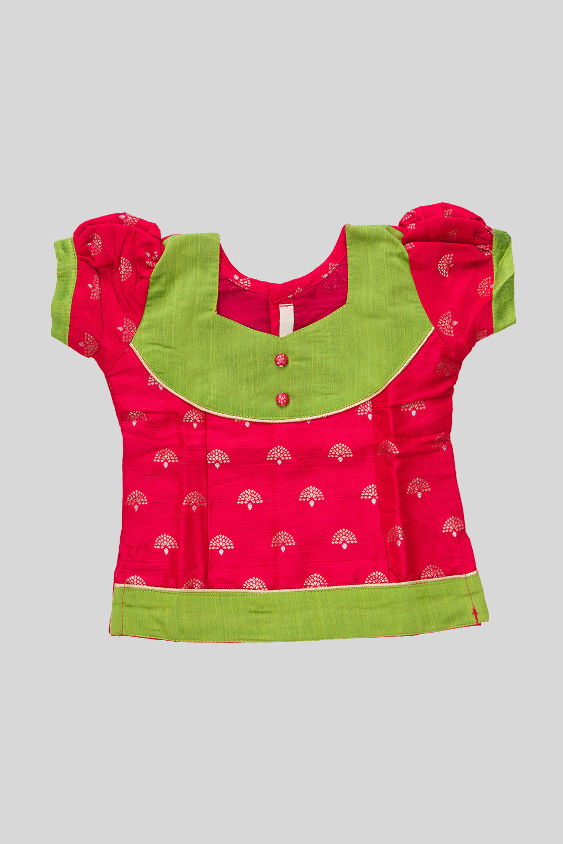 Close up blouse image of Green Readymade Cotton Pavadai Set with Zari Butta on the body and Fancy Border