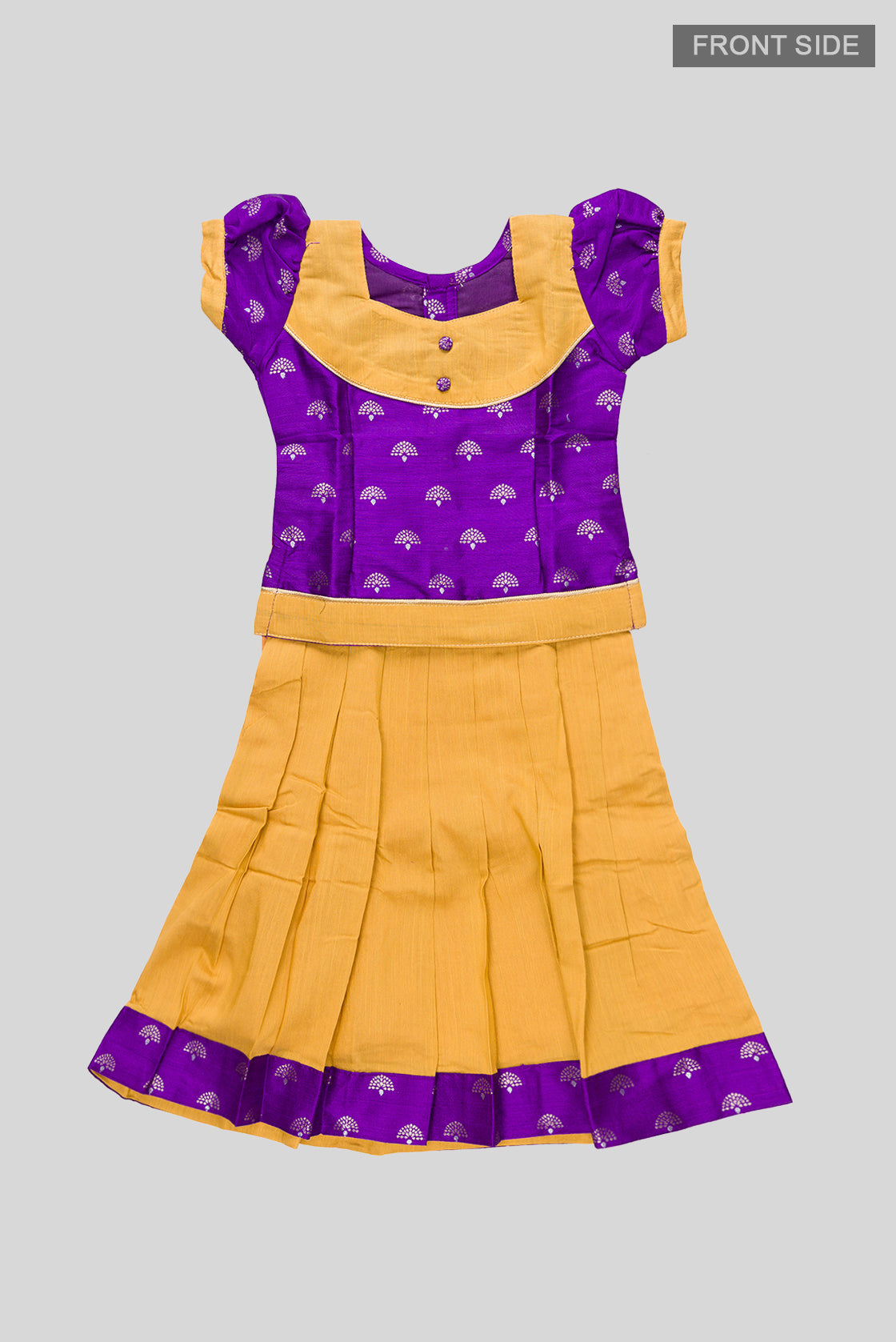 Flat lay front image of Green Readymade Cotton Pavadai Set with Zari Butta on the body and Fancy Border