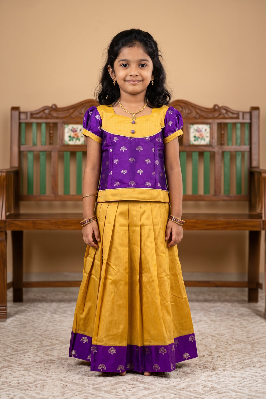 Green Readymade Cotton Pavadai Set with Zari Butta on the body and Fancy Border displayed on a mannequin