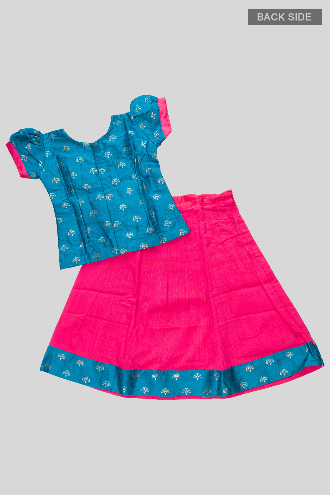 Flat lay back image of Green Readymade Cotton Pavadai Set with Zari Butta on the body and Fancy Border