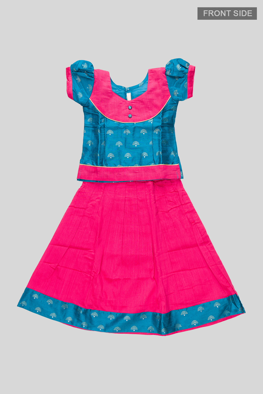Flat lay front image of Green Readymade Cotton Pavadai Set with Zari Butta on the body and Fancy Border