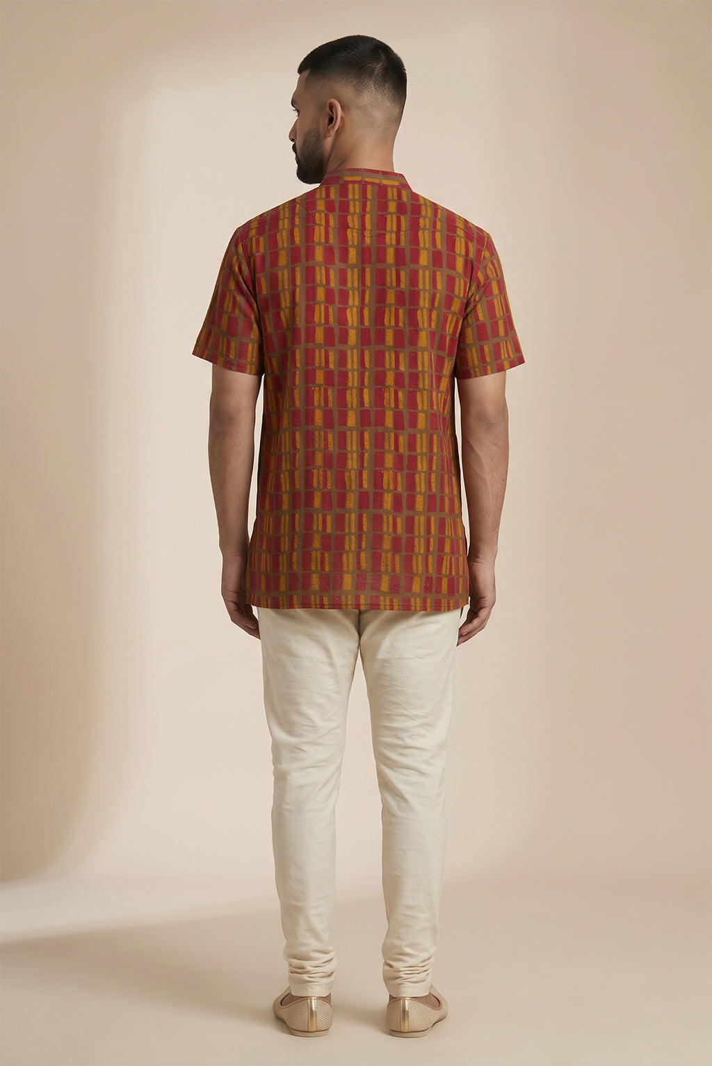 Maroon Pure Cotton Printed Mens Kurta back image displayed on an AI model
