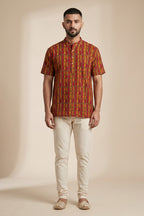 Maroon Pure Cotton Printed Mens Kurta