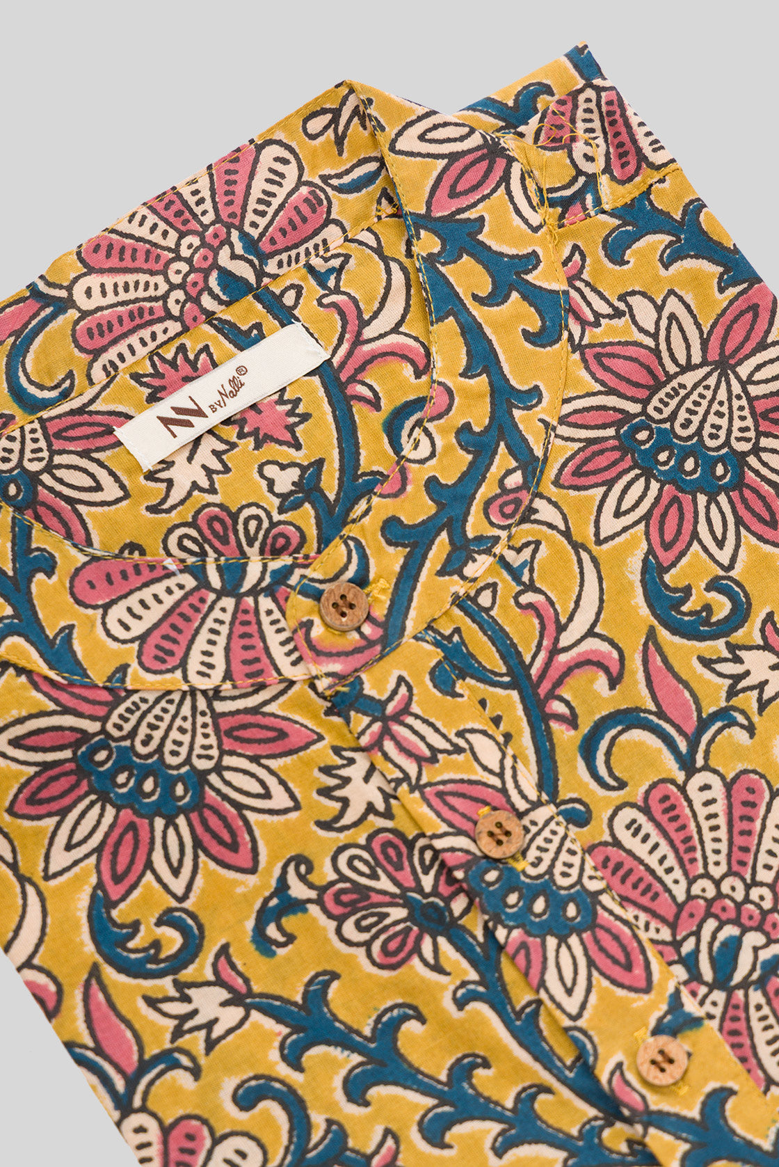 Detailed shot of Mustard Pure Cotton kalamkari Print Mens Kurta