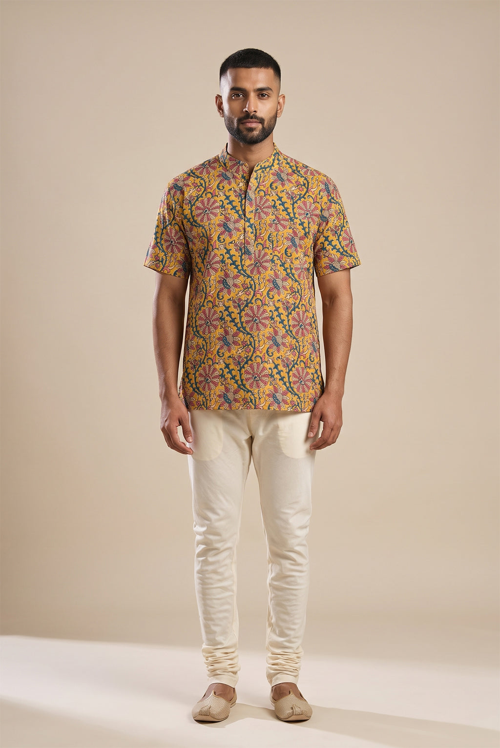 Mustard Pure Cotton kalamkari Print Mens Kurta