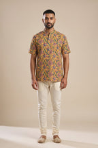 Mustard Pure Cotton kalamkari Print Mens Kurta