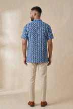 Blue Pure Cotton Printed Mens Kurta back image displayed on an AI model