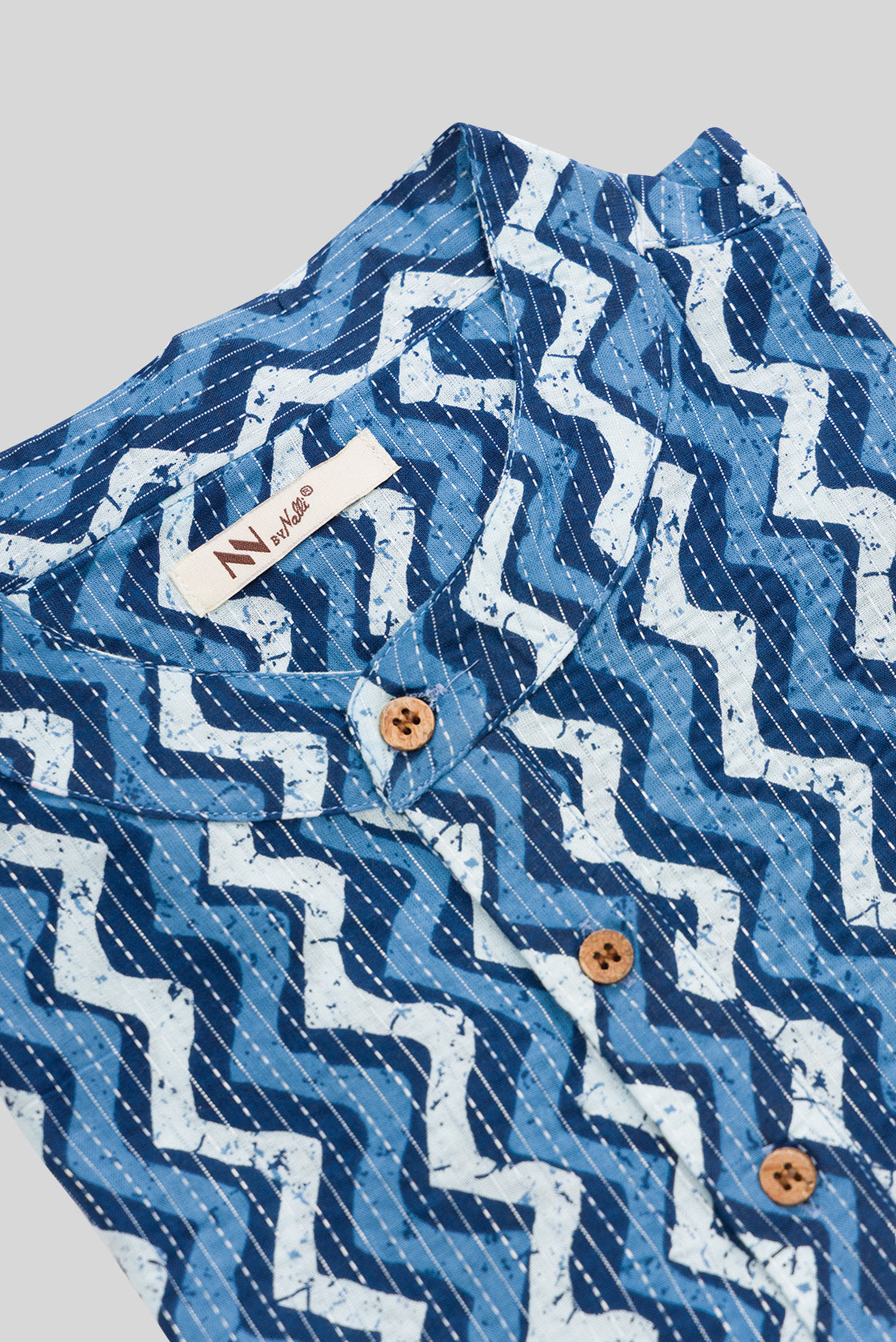 Detailed shot of Blue Pure Cotton Printed Mens Kurta
