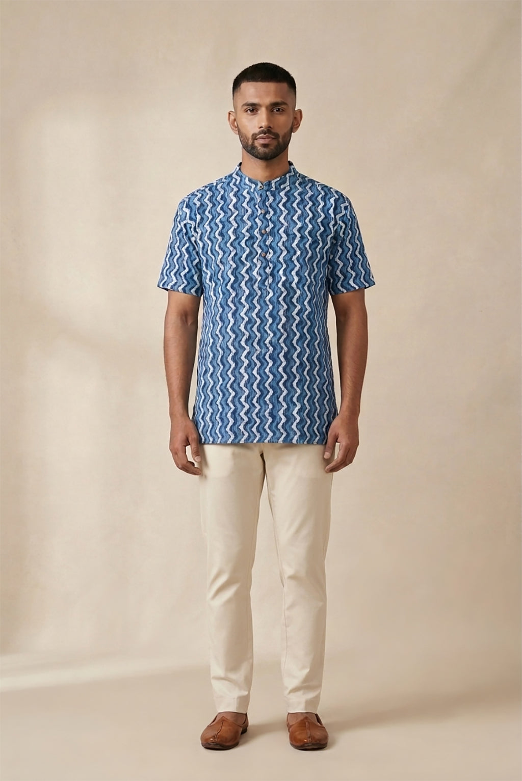Blue Pure Cotton Printed Mens Kurta