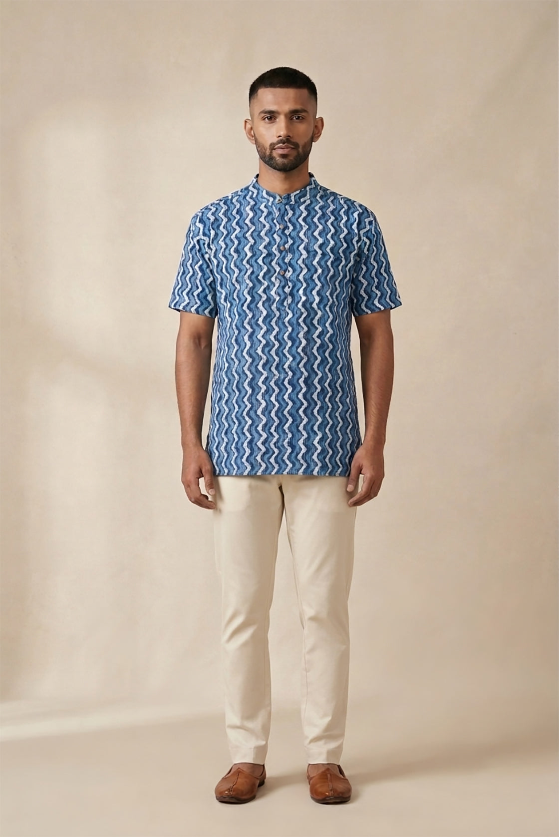 Blue Pure Cotton Printed Mens Kurta