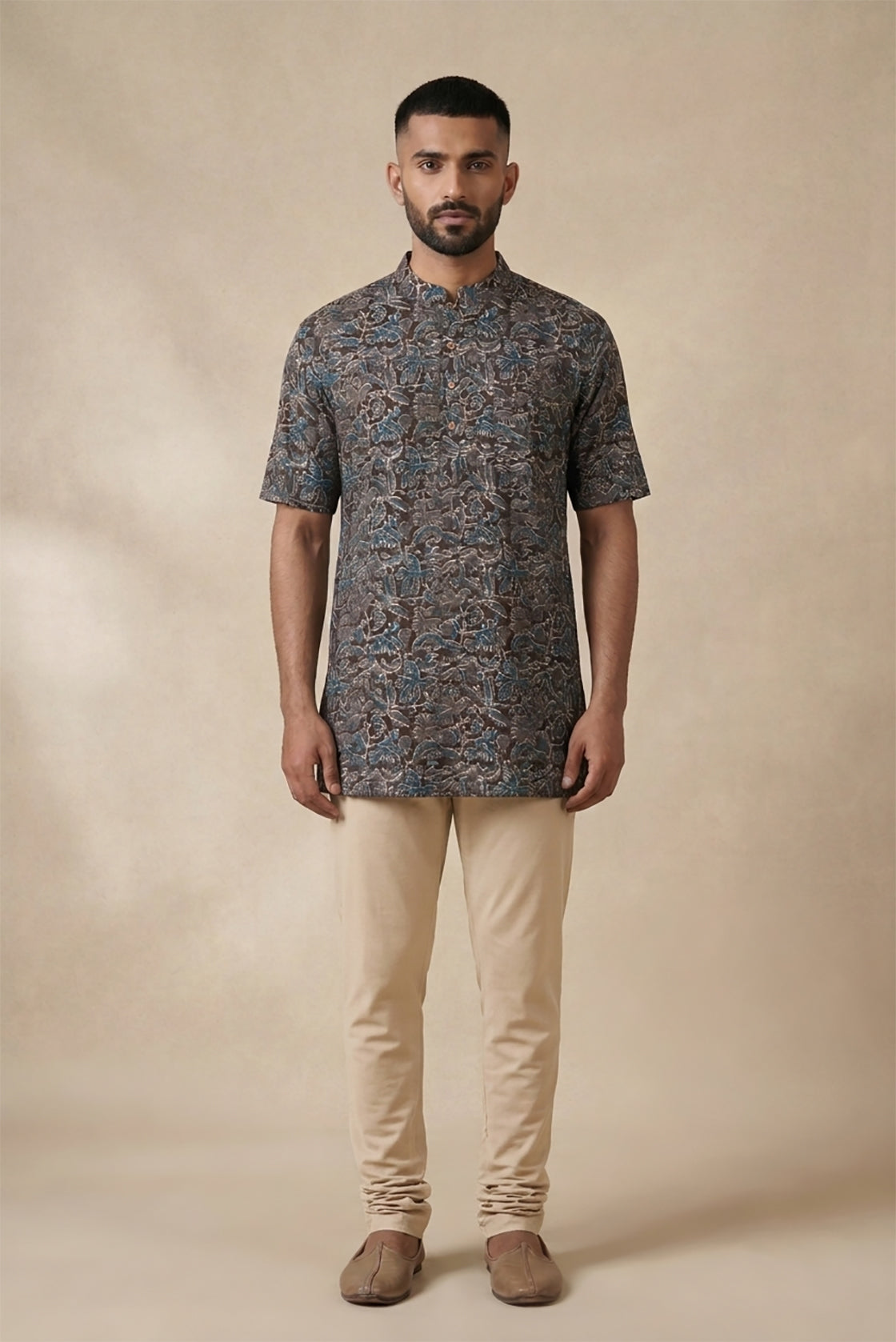 Coffee Brown Pure Cotton Printed Mens Kurta