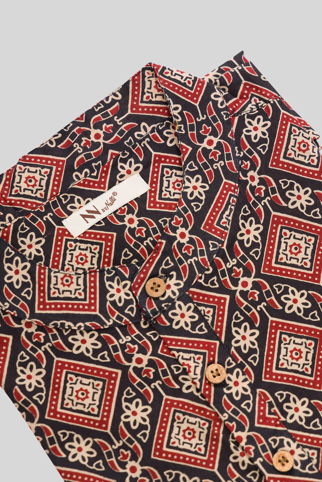 Detailed shot of Black Pure Cotton Printed Mens Kurta