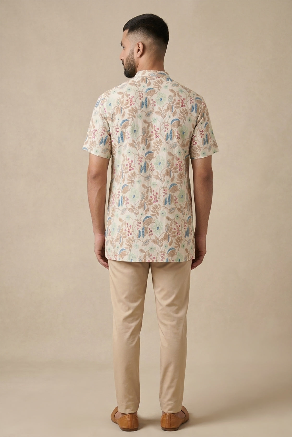 Sandal Pure Cotton Printed Mens Kurta back image displayed on an AI model