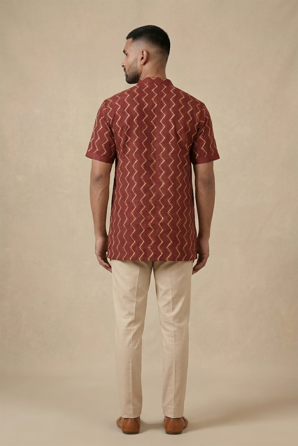 Maroon Pure Cotton Printed Mens Kurta back image displayed on an AI model