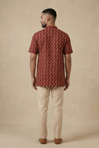 Maroon Pure Cotton Printed Mens Kurta back image displayed on an AI model