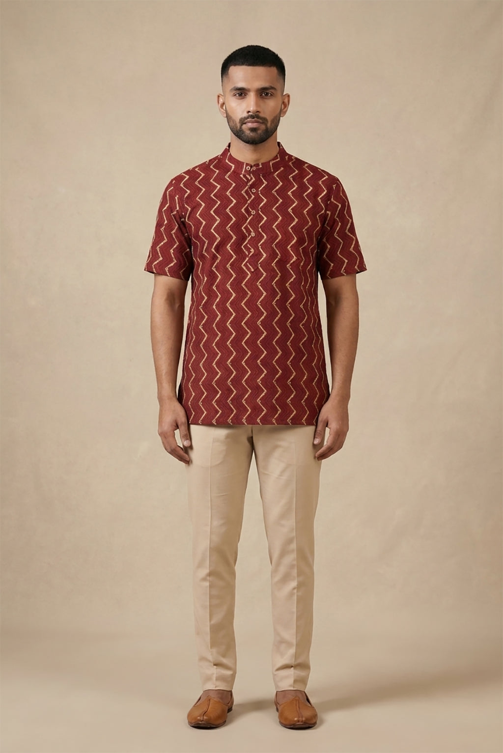 Maroon Pure Cotton Printed Mens Kurta