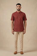 Maroon Pure Cotton Printed Mens Kurta