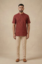 Maroon Pure Cotton Printed Mens Kurta