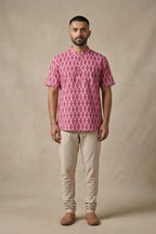 Pink Pure Cotton Ikat Print Mens Kurta