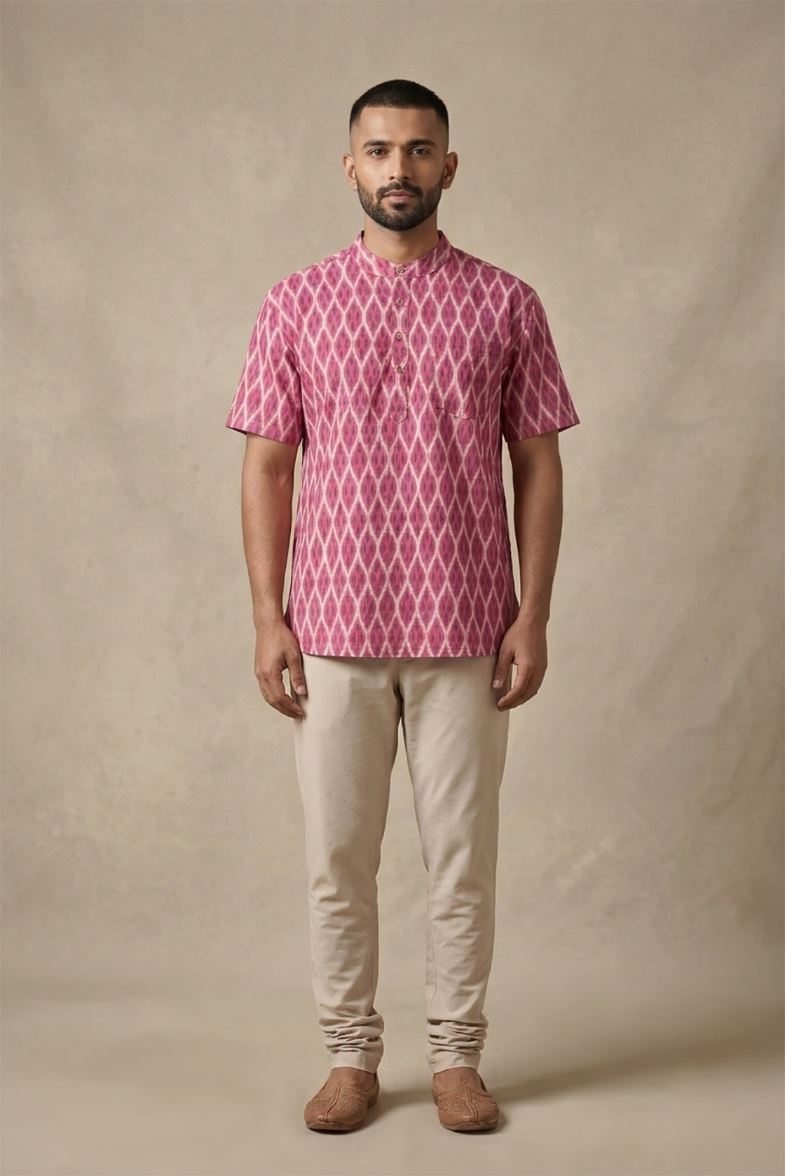 Pink Pure Cotton Ikat Print Mens Kurta