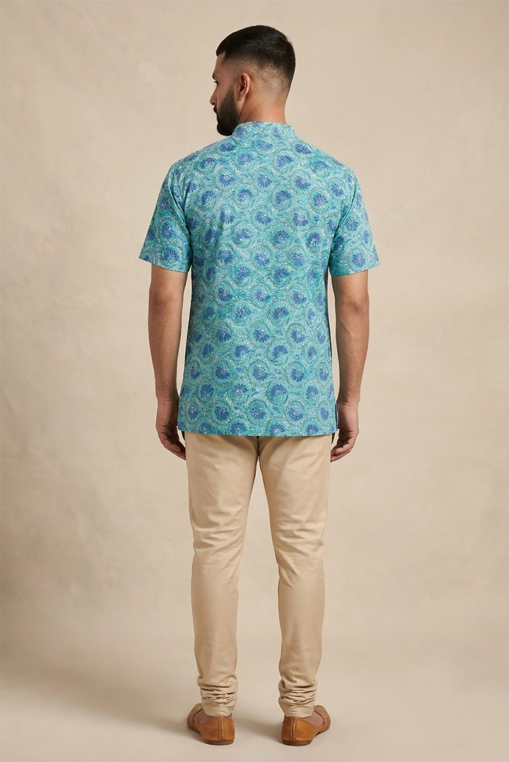 Sky Blue Pure Cotton Printed Mens Kurta back image displayed on an AI model