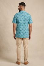 Sky Blue Pure Cotton Printed Mens Kurta back image displayed on an AI model