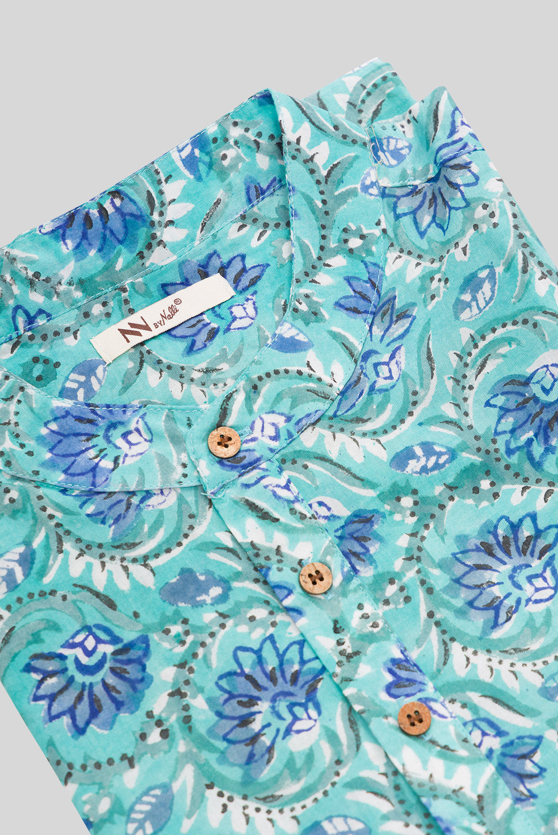 Detailed shot of Sky Blue Pure Cotton Printed Mens Kurta