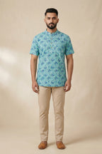 Sky Blue Pure Cotton Printed Mens Kurta