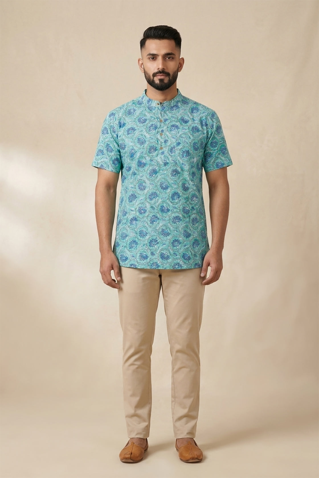 Sky Blue Pure Cotton Printed Mens Kurta