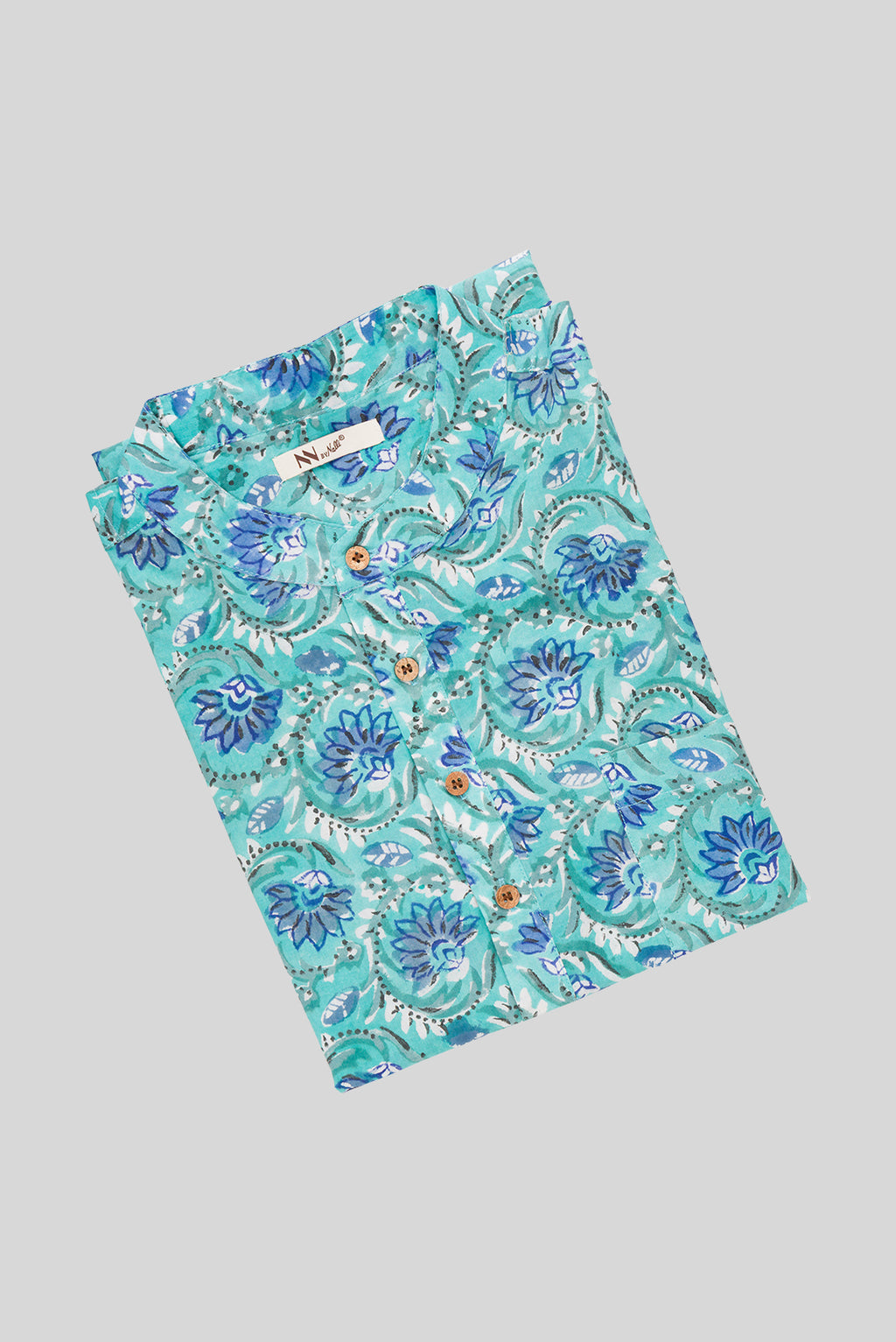 Close up blouse image of Sky Blue Pure Cotton Printed Mens Kurta