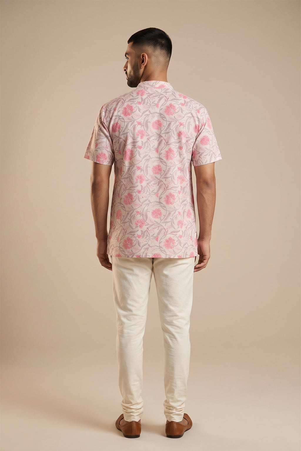 Beige Pure Cotton Printed Mens Kurta back image displayed on an AI model