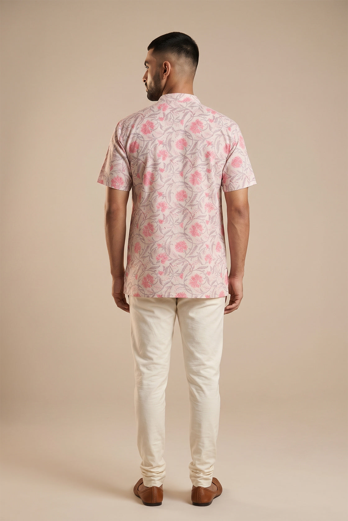 Beige Pure Cotton Printed Mens Kurta back image displayed on an AI model