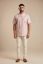 Beige Pure Cotton Printed Mens Kurta