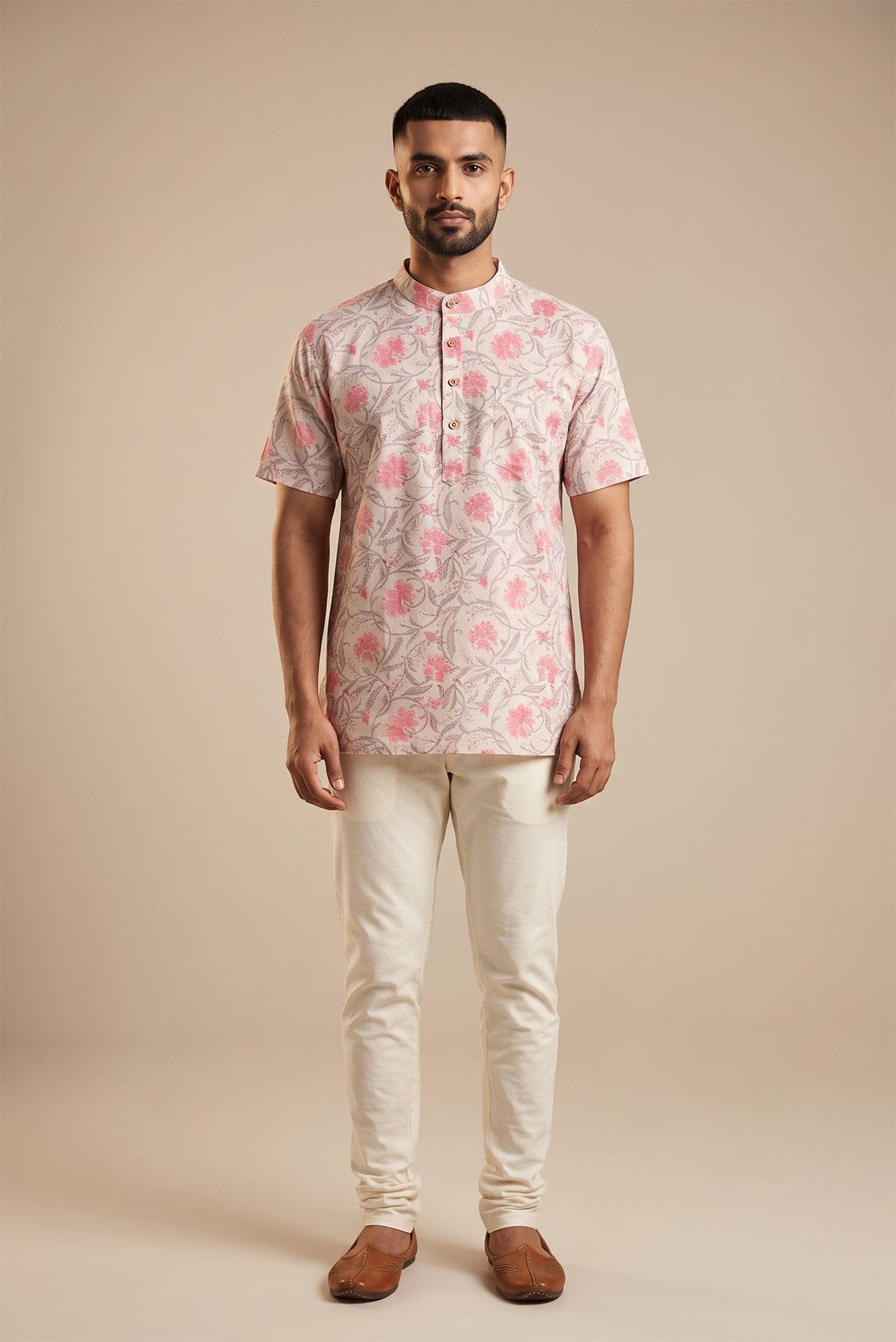 Beige Pure Cotton Printed Mens Kurta