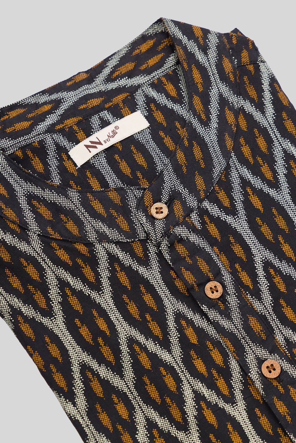Detailed shot of Black Pure Cotton Ikat Print Mens Kurta