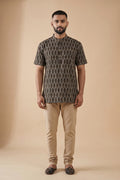 Black Pure Cotton Ikat Print Mens Kurta