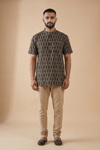 Black Pure Cotton Ikat Print Mens Kurta