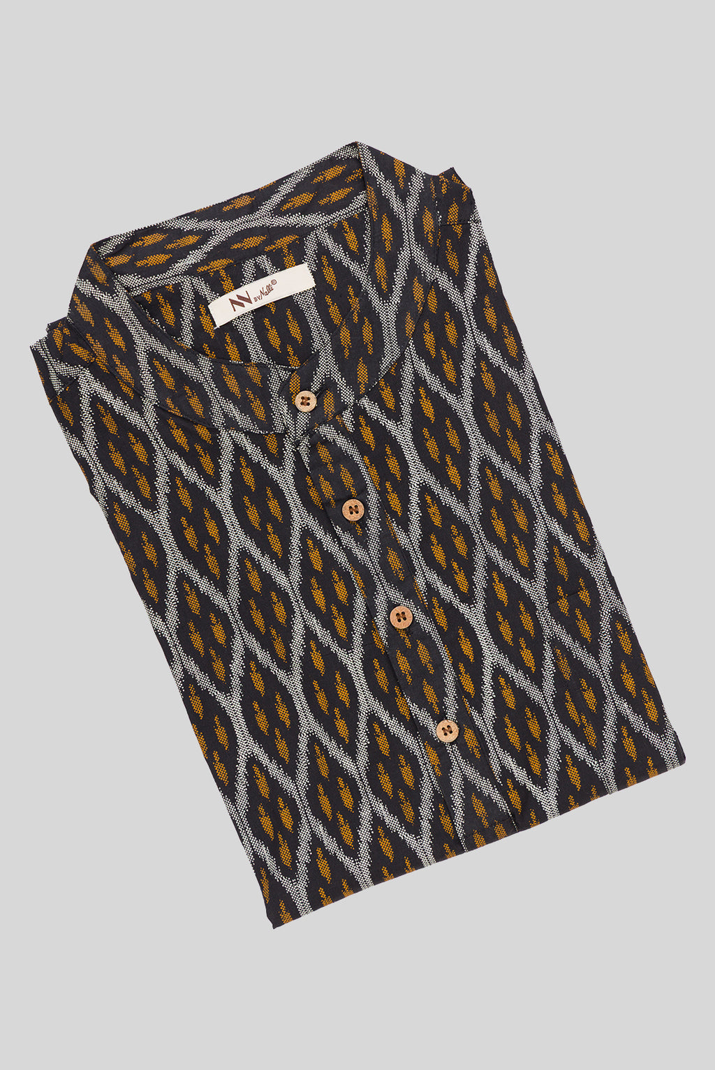 Close up blouse image of Black Pure Cotton Ikat Print Mens Kurta
