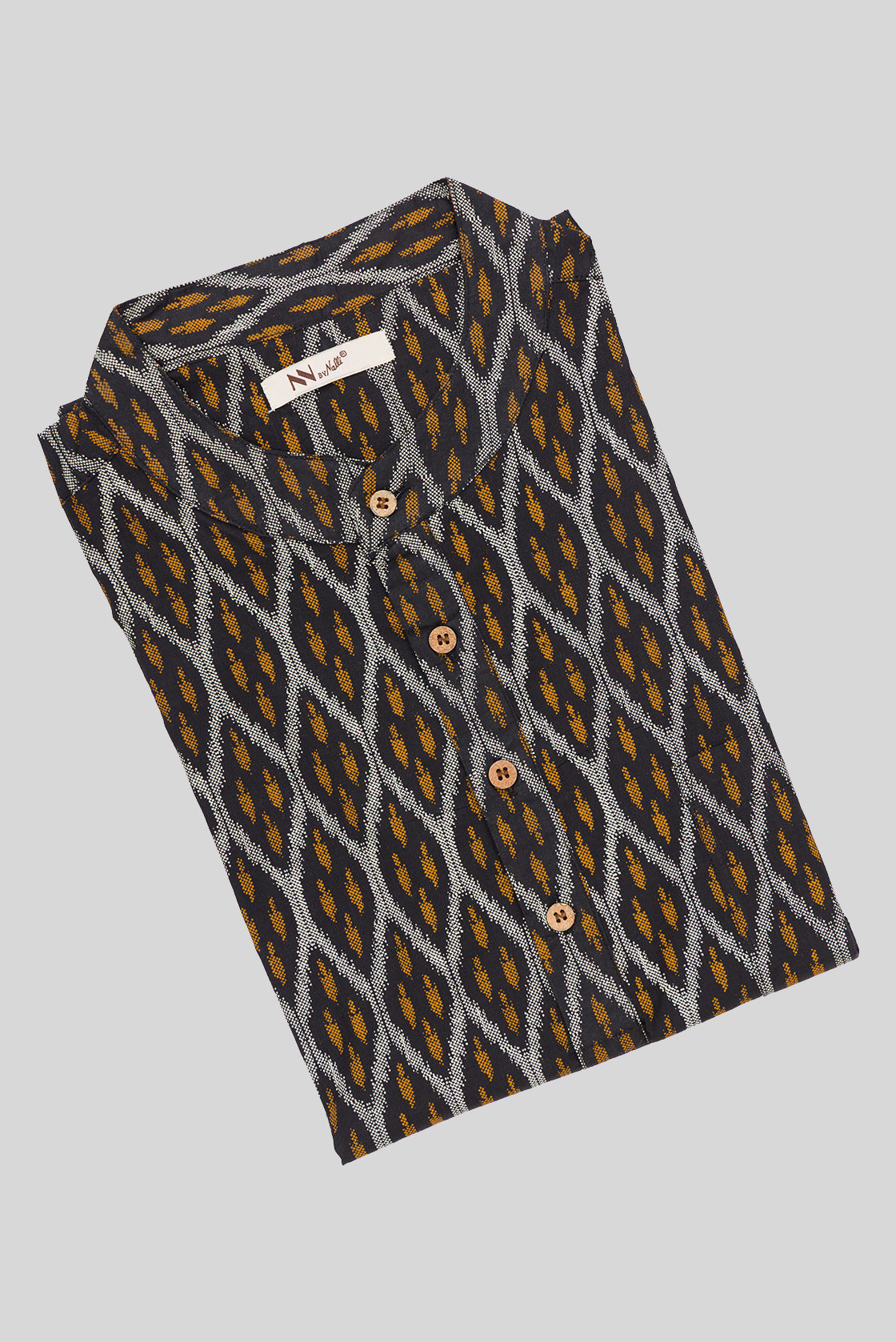Close up blouse image of Black Pure Cotton Ikat Print Mens Kurta