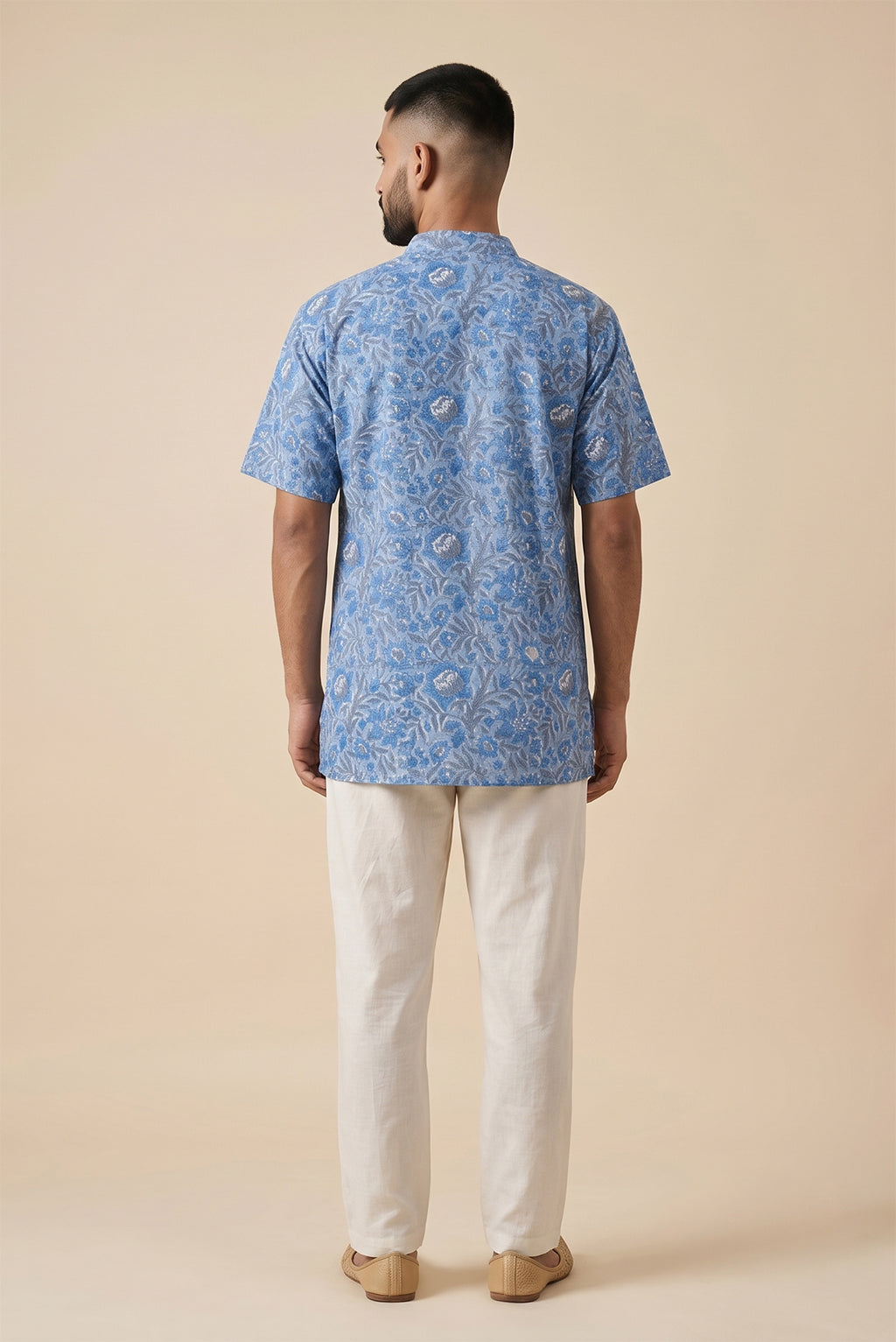 Light Blue Pure Cotton Printed Mens Kurta back image displayed on an AI model